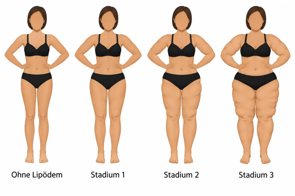 Illustration der Lipödem-Stadien 1 bis 3 im Vergleich zu einer Figur ohne Lipödem