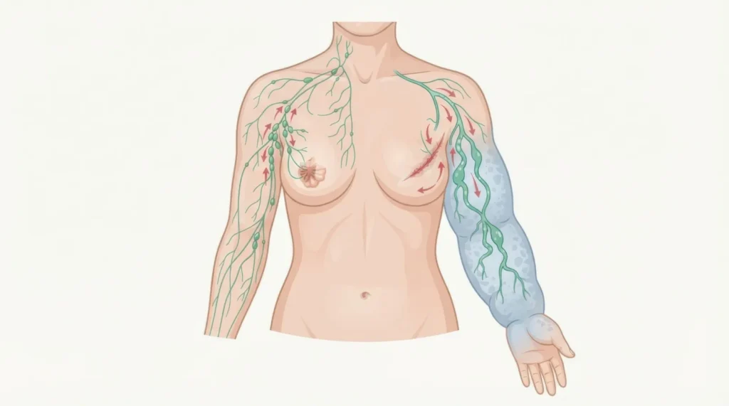 Medizinische Illustration eines geschwollenen Arms mit Lymphödem, Lymphgefässen und gestörtem Lymphabfluss