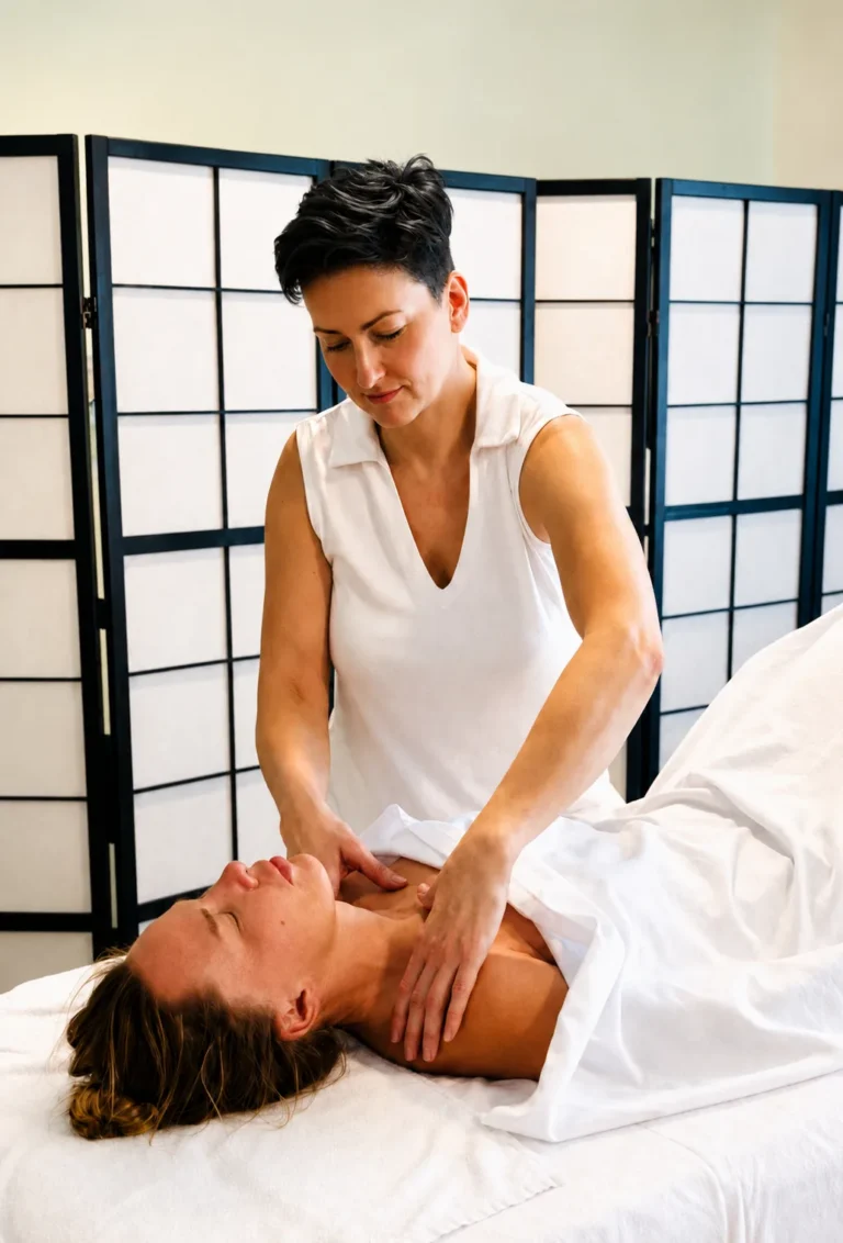Zsuzsa Gombkötő performing gentle manual lymphatic drainage on the neck and collarbone area of a client lying down in Zurich